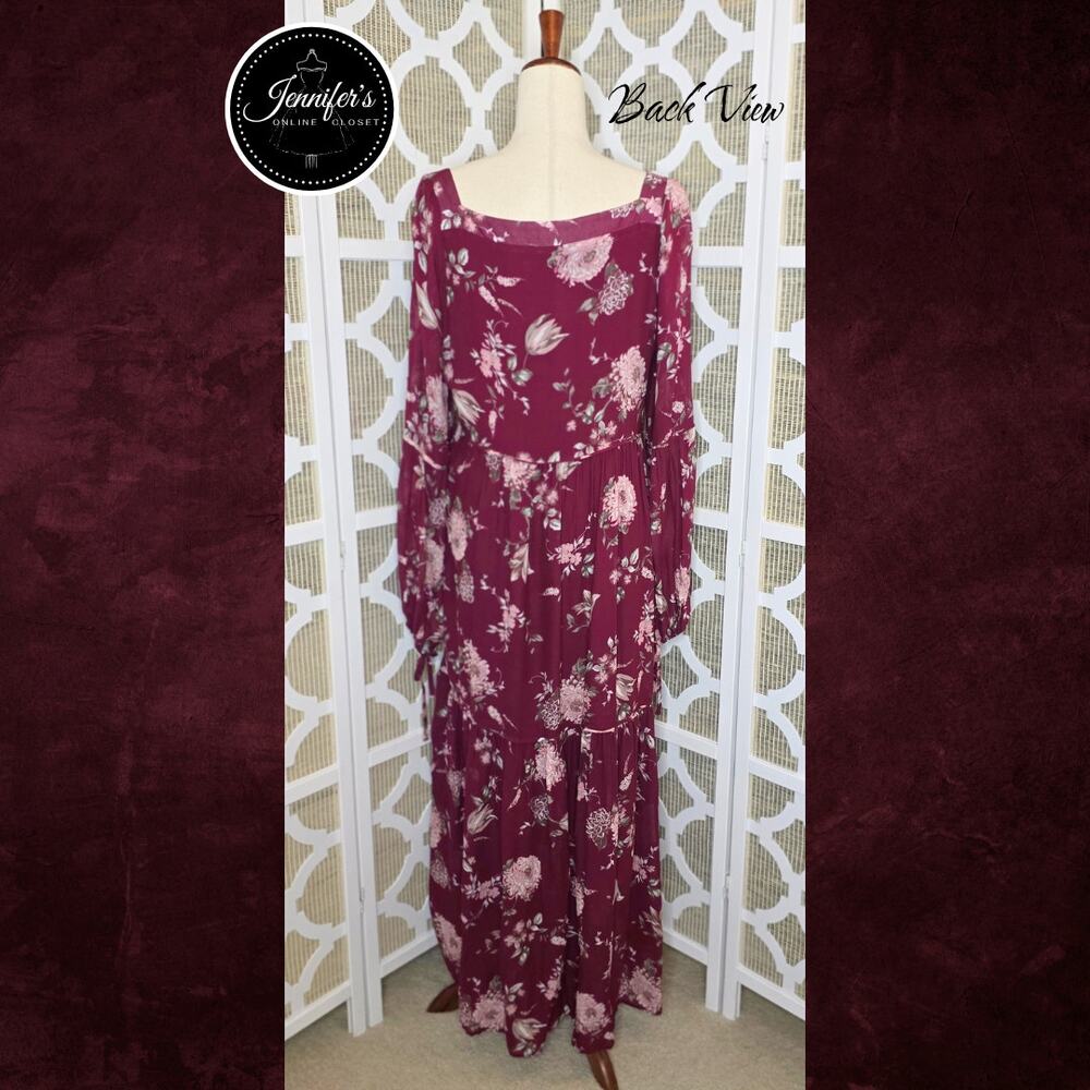 Anthropologie Evelin Maroon/Wine Floral Long Sleeve Chiffon Maxi Dress Size XL - Picture 10 of 16